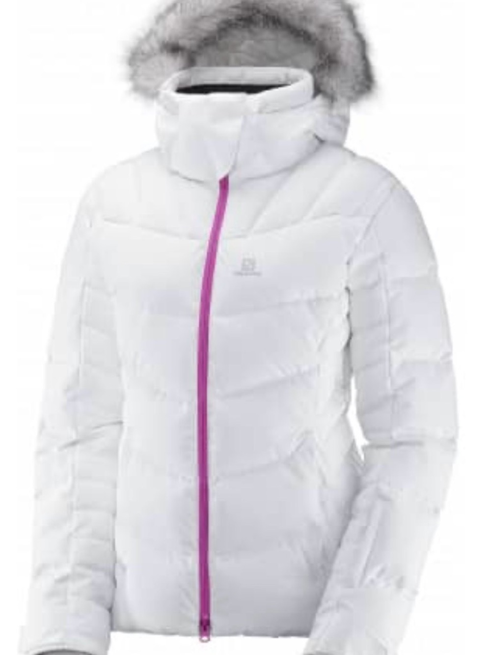 Salomon White Puffer Jacket with Magenta Zip and Fur-Trim Hood